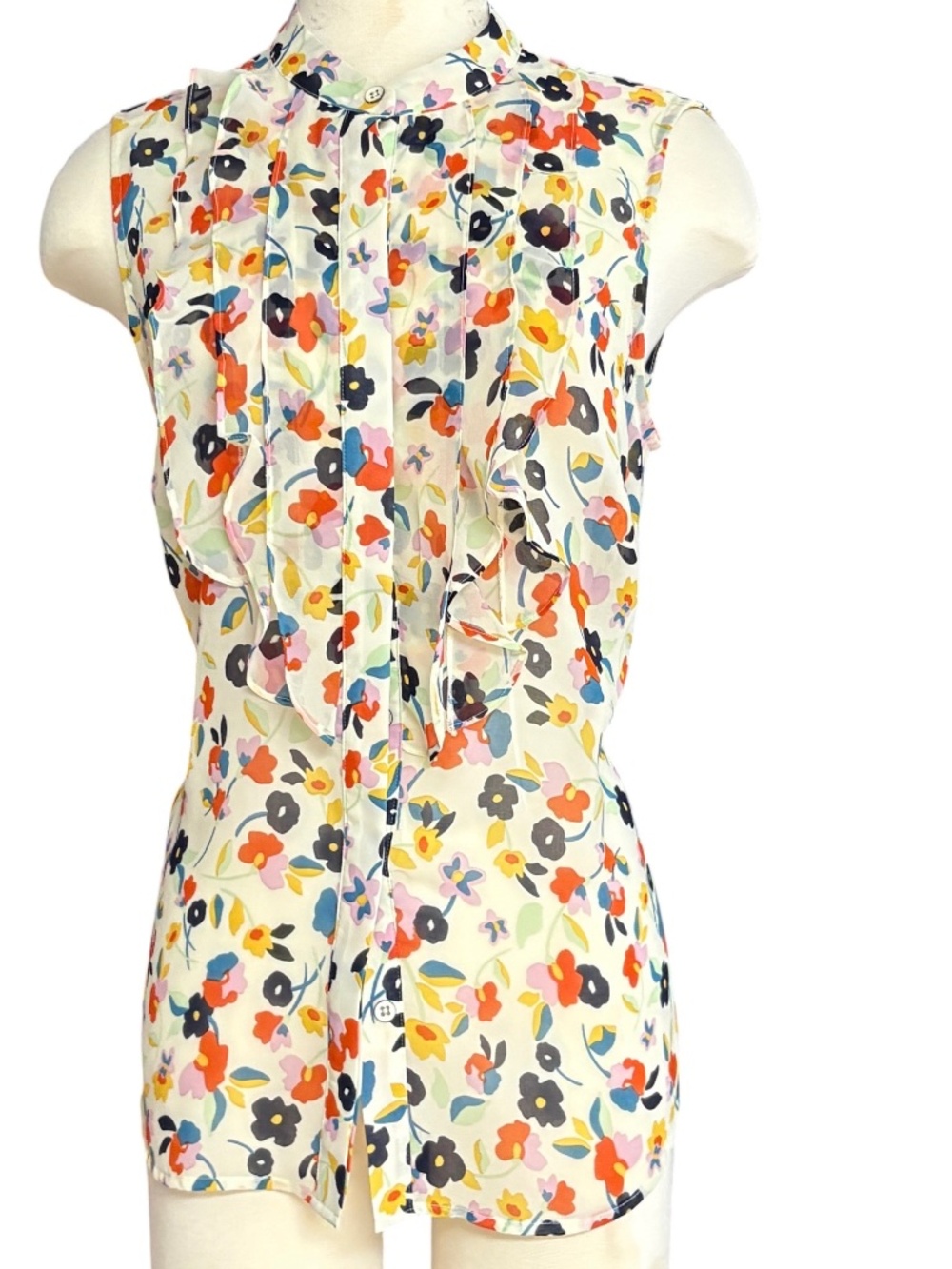 blouse CABI M floral multicolor front ruffles sleeveless button front poly sheer